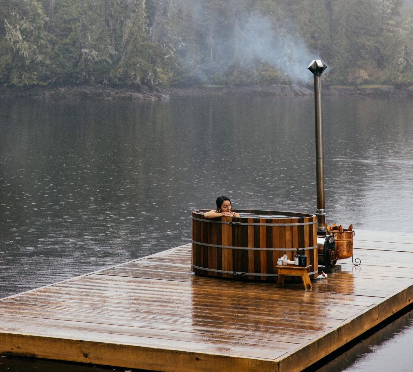 cedar soaker tub on a dock